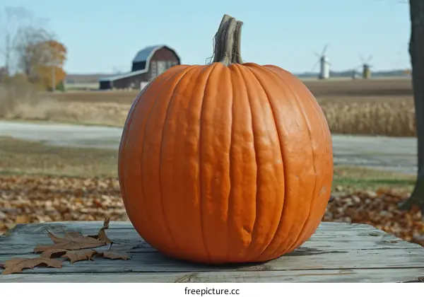 A large pumpkin sits on a wooden table in front of a rural landscape
