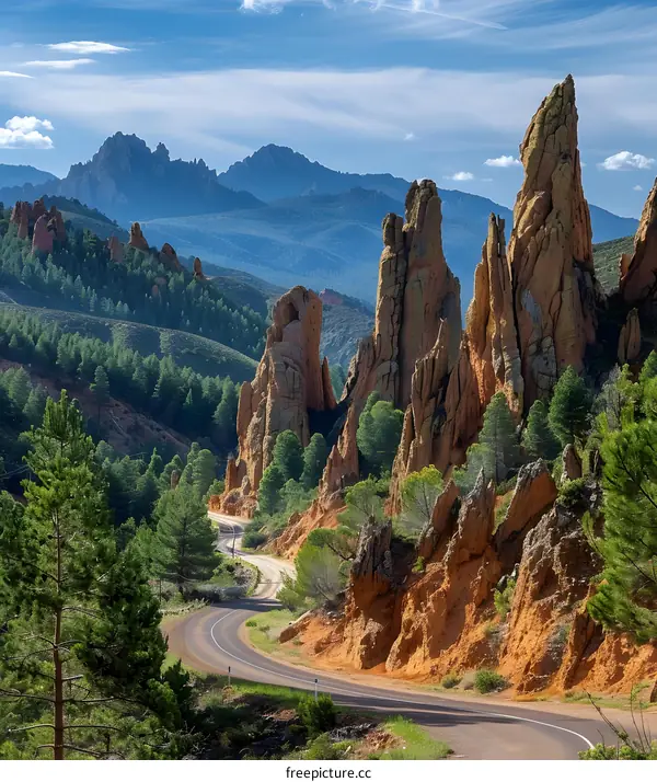 A road winds through a valley with large rock formations on either side