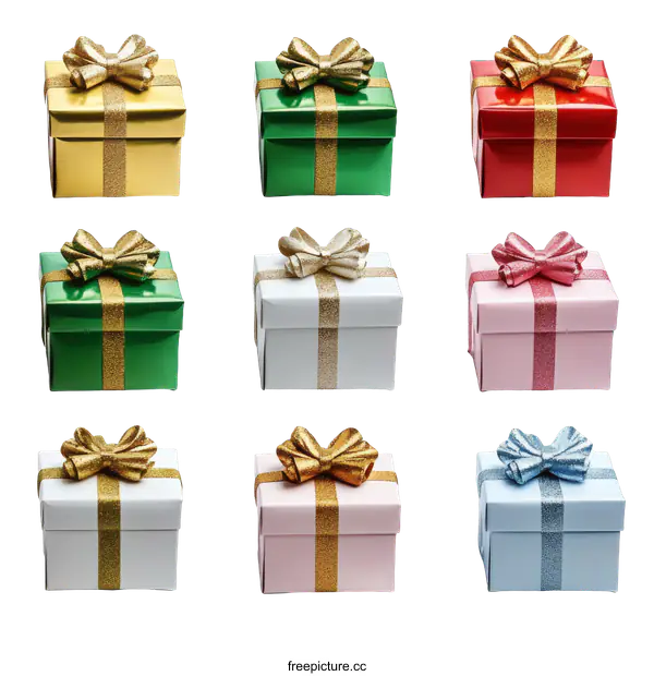 [Transparent Background PNG]Assorted Gift Boxes with Gold Ribbon
