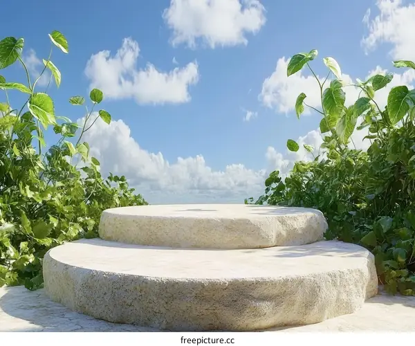 Outdoor Stone Steps with Greenery and Blue Sky