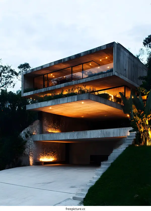 Modern Concrete House With Overhanging Balconies