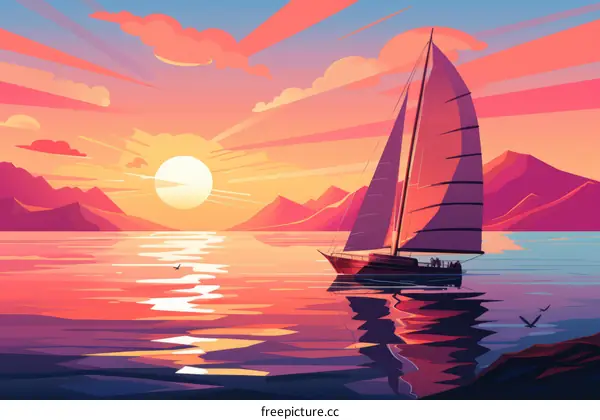 A sailboat on the calm sea at sunset