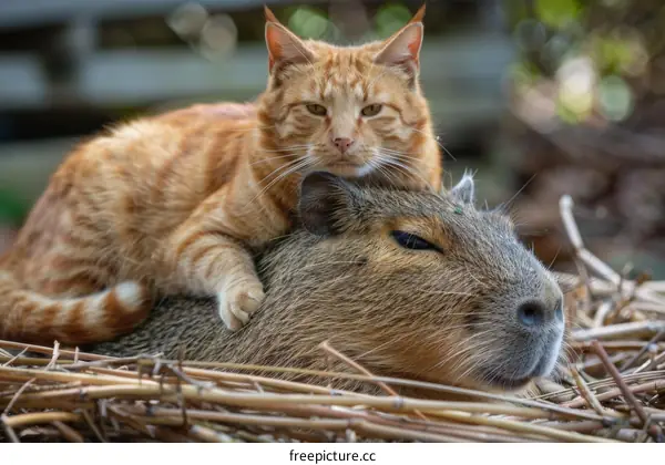 Ginger Cat Relaxing on a Capybara's Back