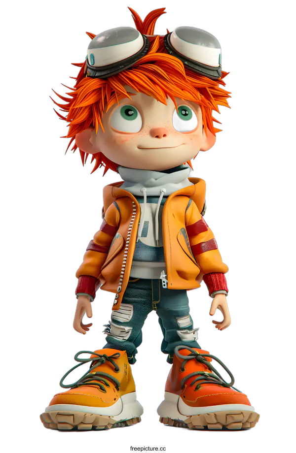 [Transparent Background PNG]3D Character with Orange Hair and Goggles
