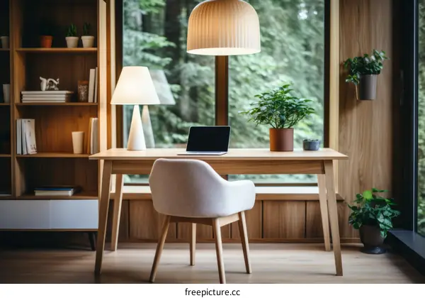 A wooden desk and chair in a home office with a large window looking out onto a forest