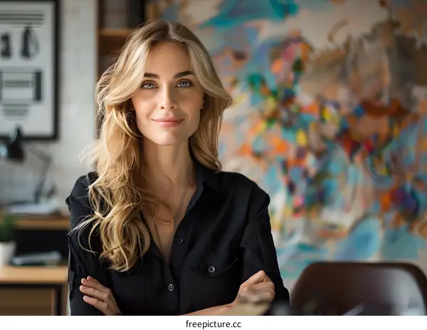 portrait of a beautiful blonde woman in a black shirt standing in front of a colorful painting