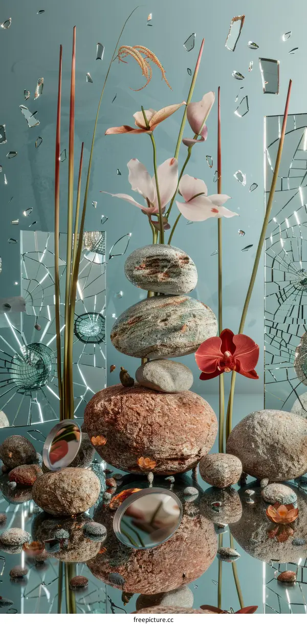 Still life with rocks, orchids, and broken glass