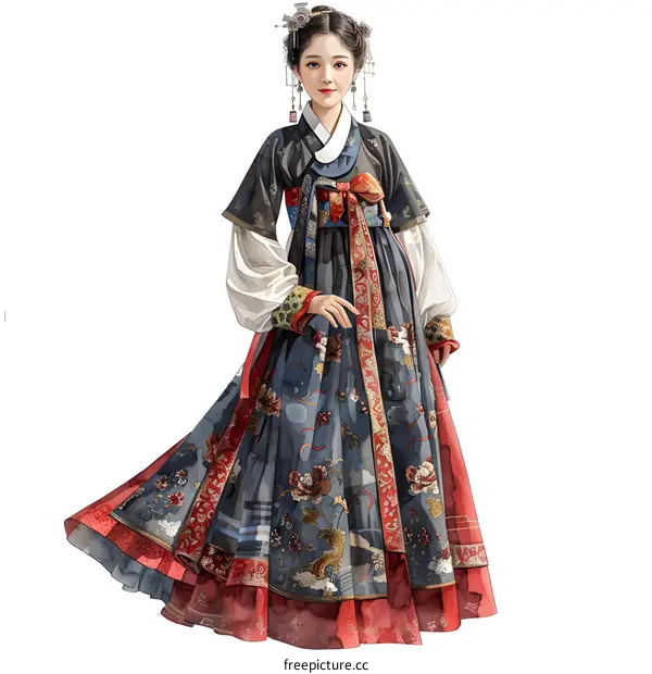 A digital painting of a young woman wearing a hanbok