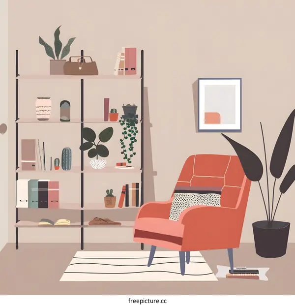 Cozy Living Room With Red Armchair And Bookshelf