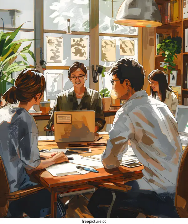 Four people in a meeting discussing ideas