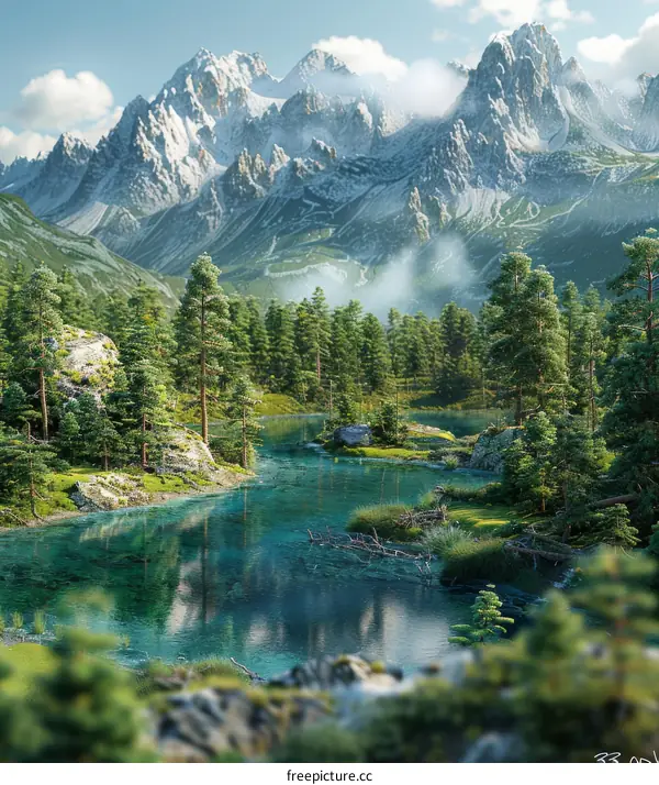 Mountains, River and Trees in Pristine Nature