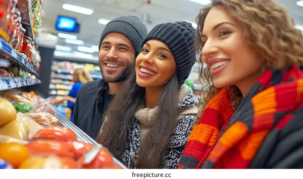 Happy Friends Shopping at Grocery Store