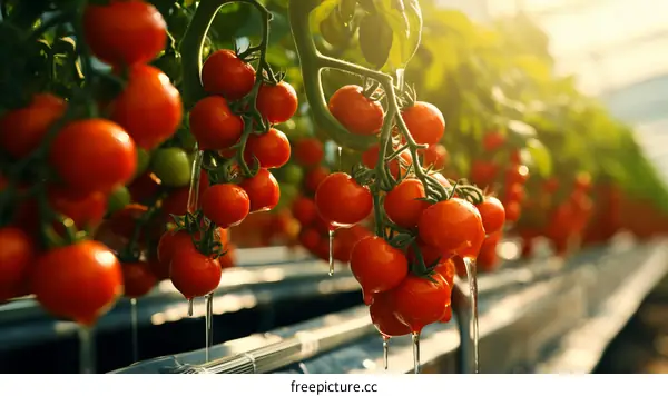 Close-up of ripe tomatoes growing in a greenhouse