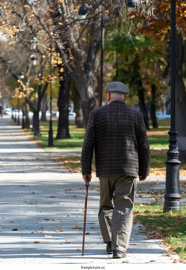 Senior Man Walking With A Cane In A Park