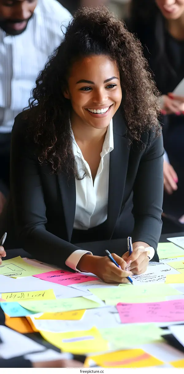 Smiling Woman Writing on Sticky Notes During Brainstorming Session