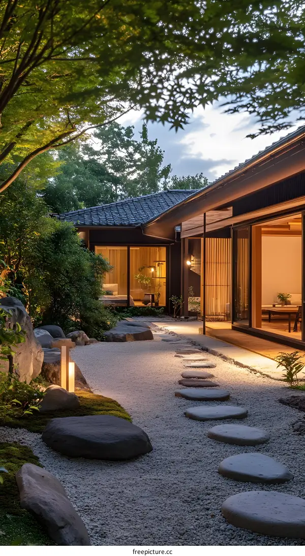 Japanese Garden with Stone Pathway and Modern House