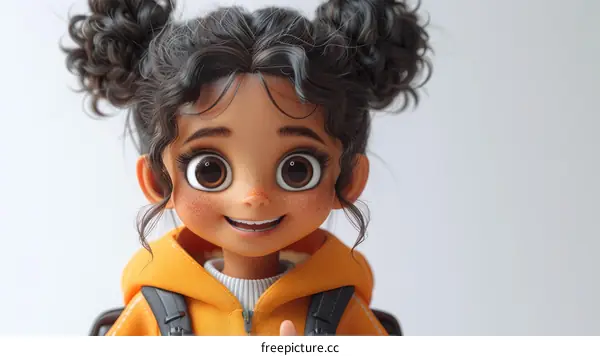 Cute Cartoon Girl with Curly Brown Hair and Orange Jacket
