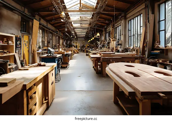 Spacious Wooden Workshop with Crafting Tables
