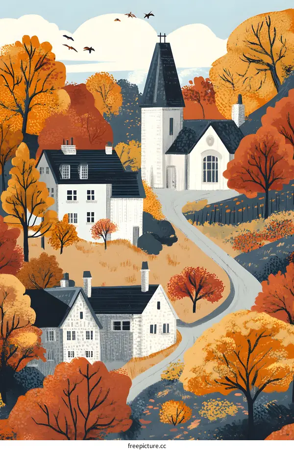 Autumn Village Landscape with Church and Winding Road