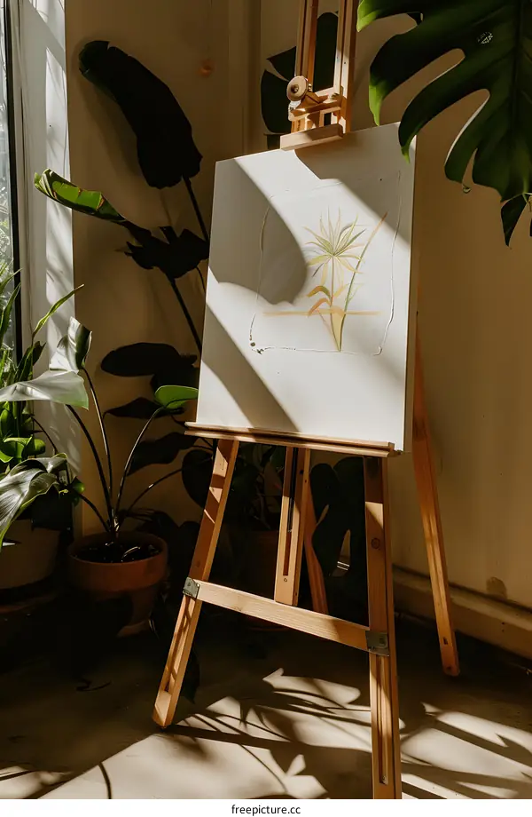 Watercolor Painting Of Palm Tree On Easel In Sunlight