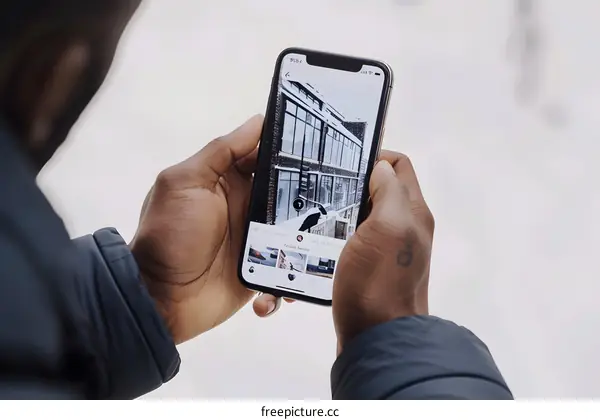 Man using smartphone to view snowy city street photos