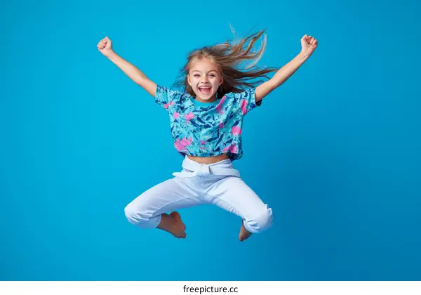 Happy Little Girl Jumping with Joyful Expression