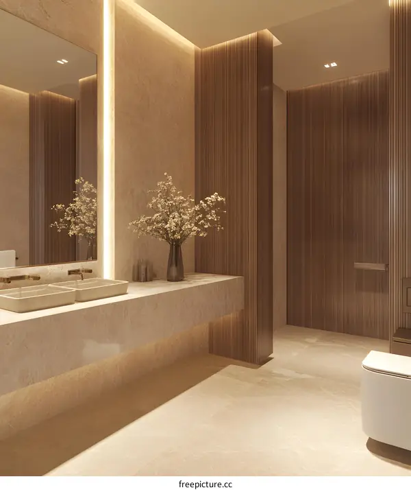 Modern Bathroom Interior Design with Marble Sink and Wooden Walls