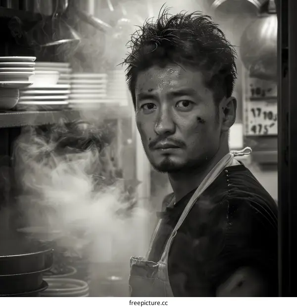 Portrait of a Japanese chef in a restaurant kitchen