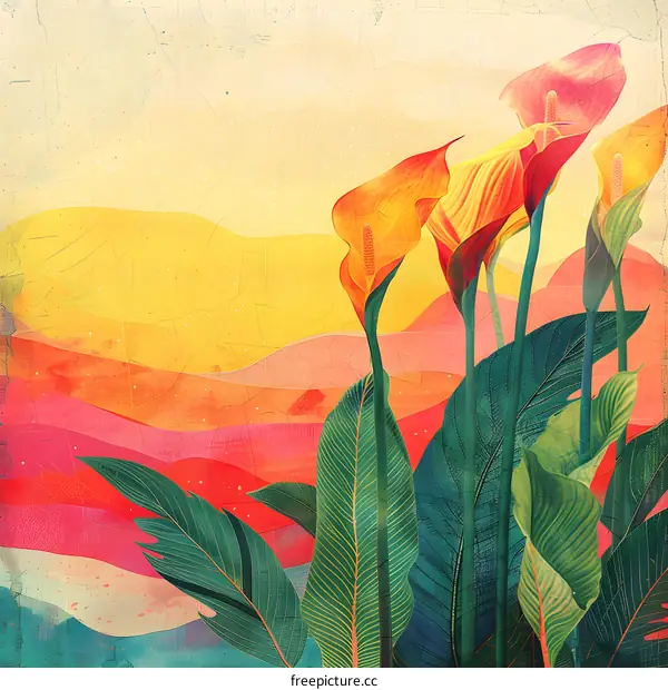 Watercolor Floral Illustration With Mountain Landscape