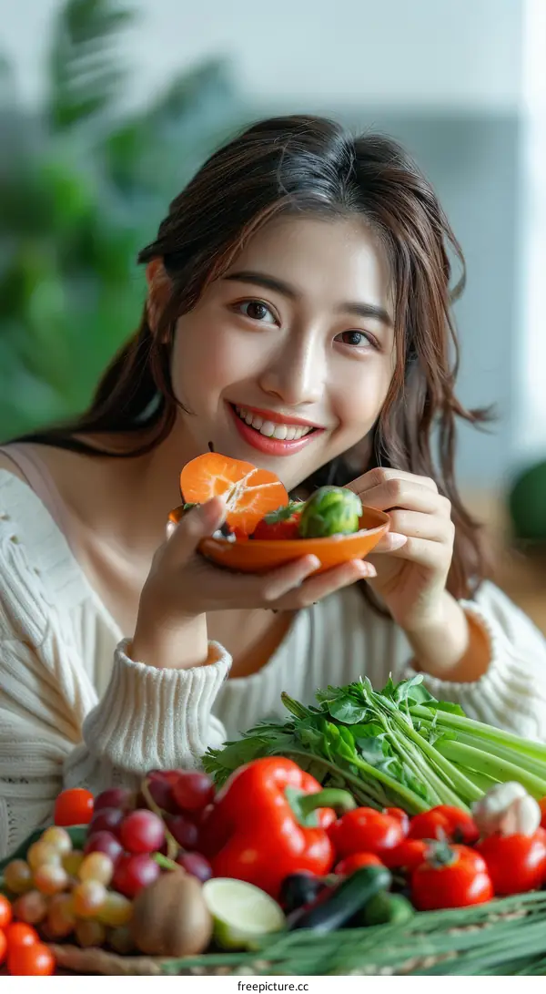 Asian woman eating healthy food
