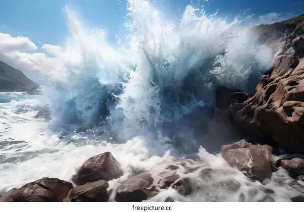 Huge Ocean Wave Crashing Against Rocky Coast