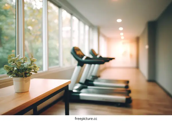 Modern Gym Interior with Treadmills and Windows