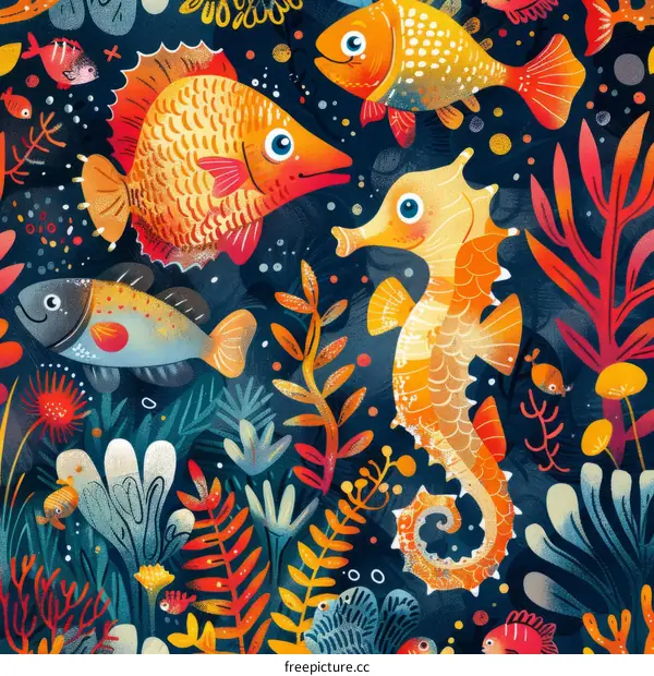 School of Fish and Seahorse in Coral Reef Illustration