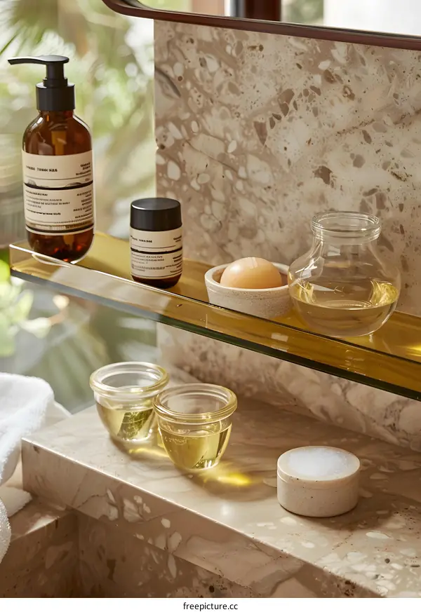 Bathroom Shelf with Glass Bottles and Jars