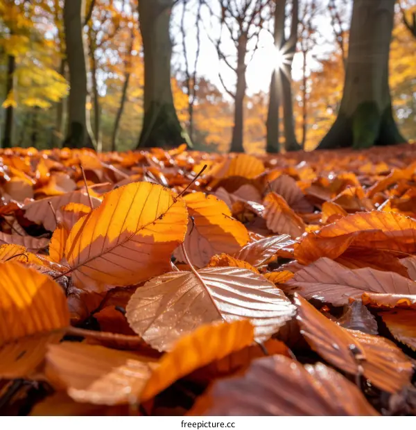 Fallen leaves in autumn forest with sun shining through trees