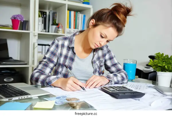 Young Woman Working on Financial Documents at Home