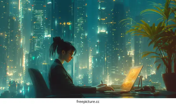 A businesswoman working late in her office in a futuristic city with skyscrapers and neon lights