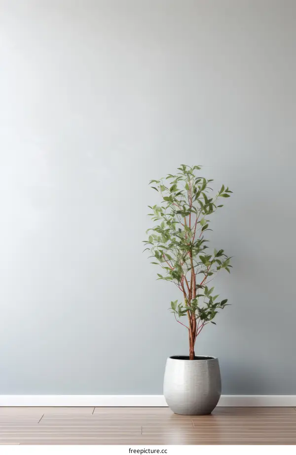 A potted plant sits in front of a solid color background.