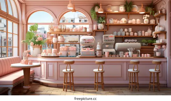 Pink cafe interior with arched windows and pink furniture