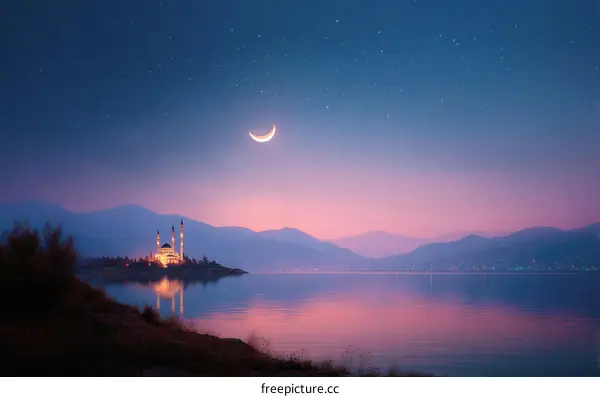 Beautiful Mosque at Night with Crescent Moon