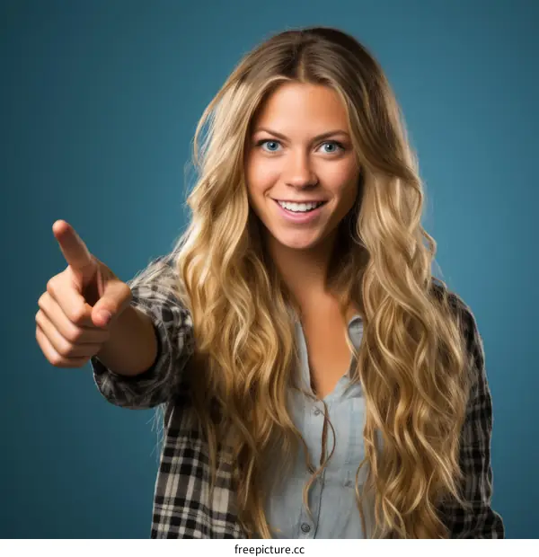 Portrait of a smiling young woman pointing at the camera