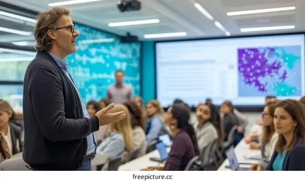 Professor giving a lecture to a group of students in a classroom