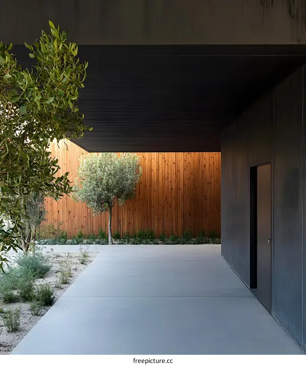 Modern Minimalist Architecture Exterior With Olive Trees