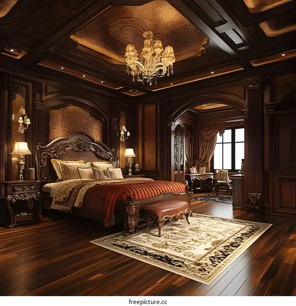 Luxury Bedroom Interior Design with Wooden Ceiling and Chandelier