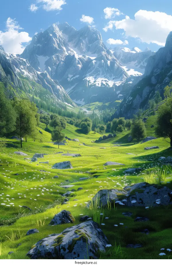 Majestic Snow-Capped Mountains Tower Over a Verdant Valley