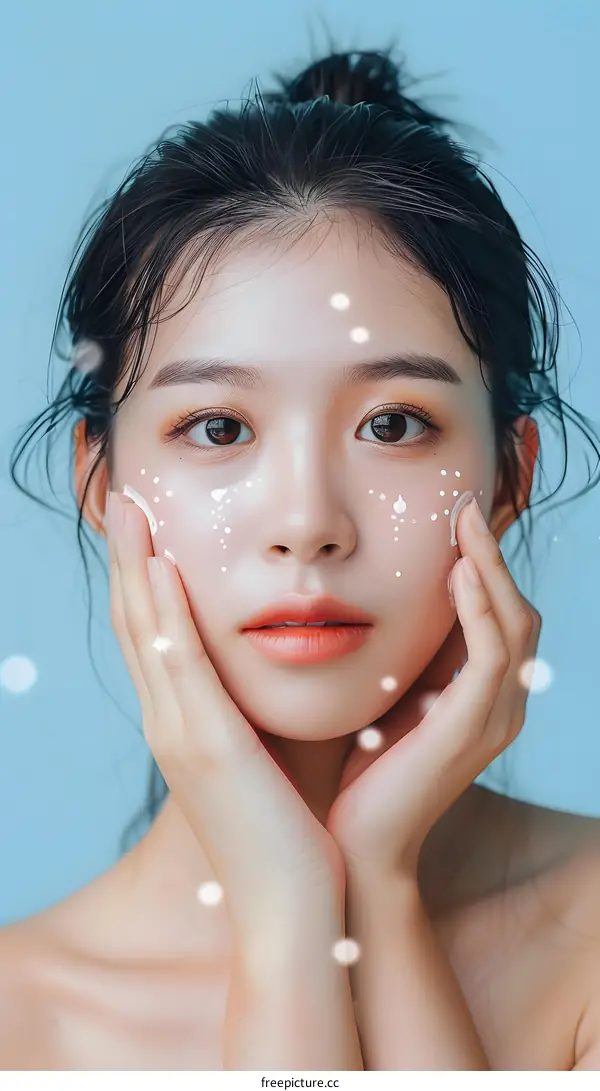 Beautiful Asian Woman with Smooth Skin and Makeup Applying Lotion