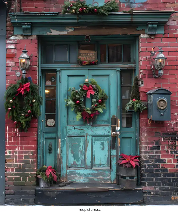 Teal Door With Christmas Decorations