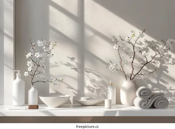 Elegant bathroom counter with white flowers and rolled up towels