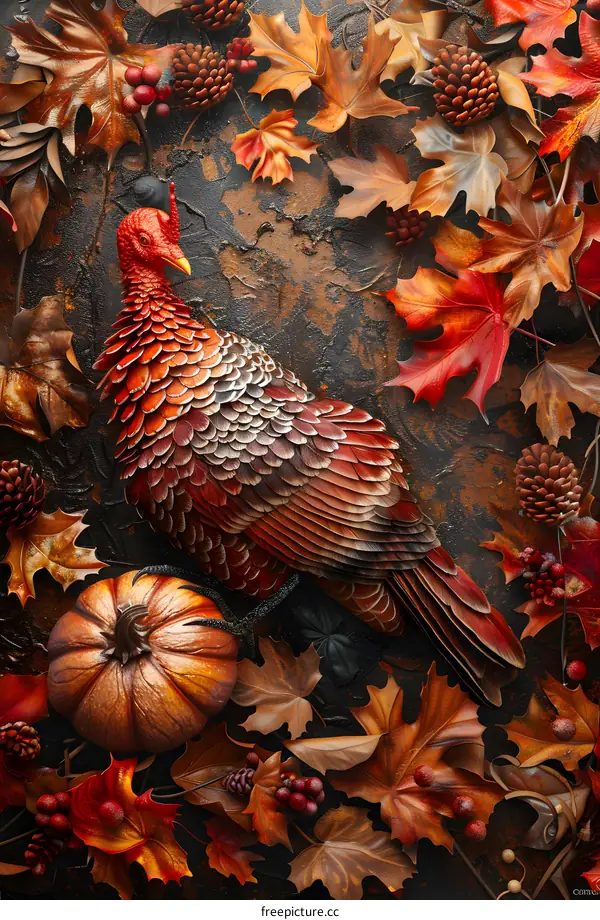 A Thanksgiving cornucopia with a turkey, pumpkin, and fall leaves.