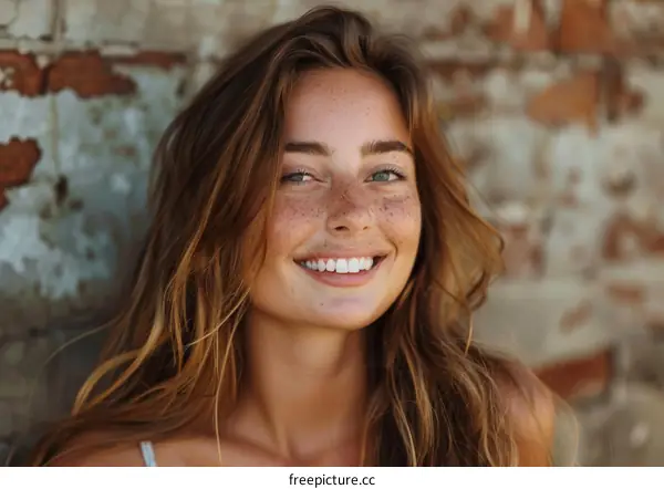 Smiling Woman Outdoors Against Brick Wall Portrait